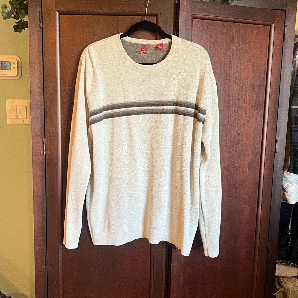 Reunion Men’s Cream Crewneck Sweater with Gray Stripes